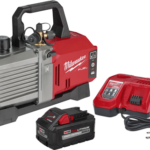 Milwaukee M18 FUEL 5 CFM cordless vacuum pump kit with red and silver pump unit, M18 lithium-ion battery, and red battery charger shown on white background.