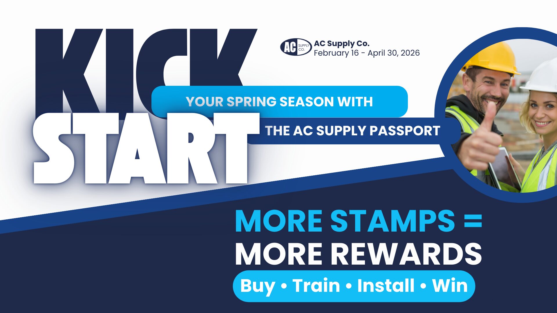 AC Supply Co. spring promotion graphic reading “Kick Start Your Spring Season with the AC Supply Passport.” Large headline says “More Stamps = More Rewards” with subtext “Buy • Train • Install • Win.” Includes AC Supply logo, dates February 16 – April 30, 2026, and photo of two smiling construction workers giving a thumbs up.
