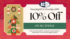 Holiday-themed tool sale image with gift boxes and AC Supply branding offering 10% off tools.